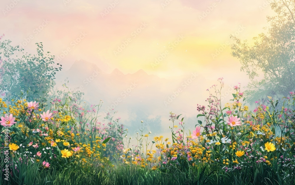 Obraz premium A lush green meadow with colorful wildflowers and a soft pastel gradient sky for a serene spring atmosphere