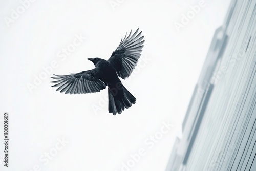 Black bird in flight near building photo