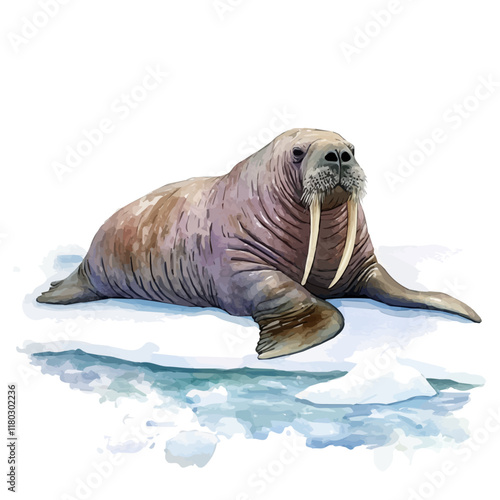 A watercolor vector of a walrus basking on ice, isolated on a white background. Animal vector.
