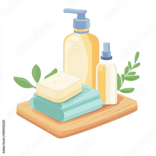 Cosmetic tools such as liquid soap in a bottle, soap bars and towel stack on a wooden tray. Modern illustration. White background.