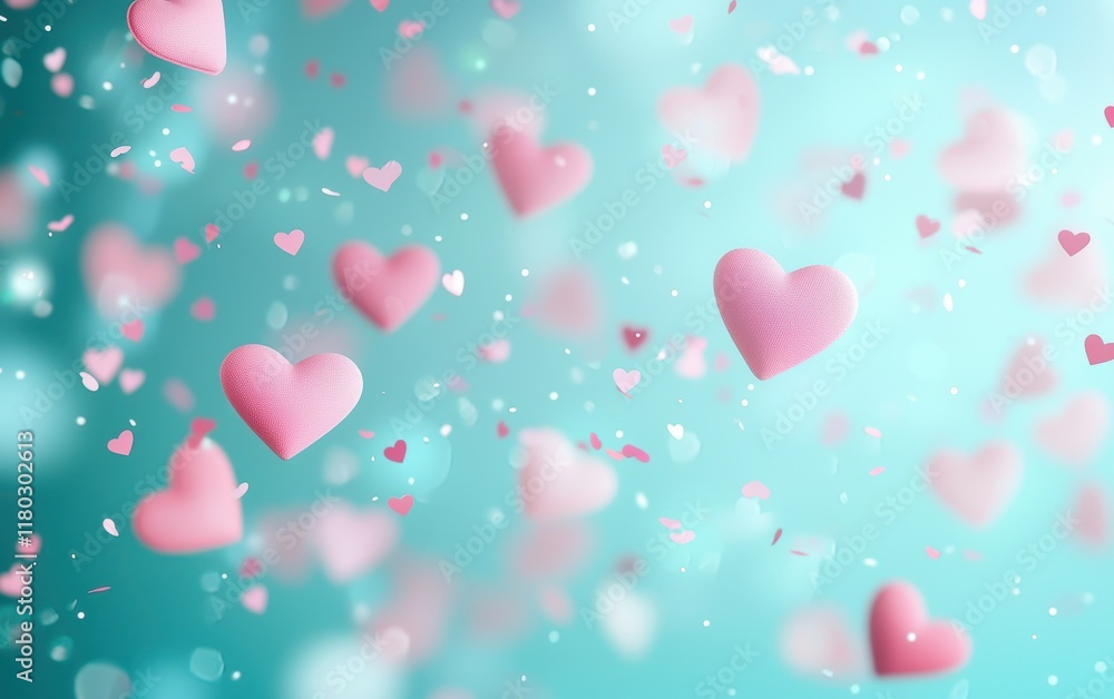 A pastel mint background with floating pink hearts and a subtle gradient effect for Saint Valentines Day A pastel mint background with floating pink hearts and a subtle gradient effect for Saint Valentines Day