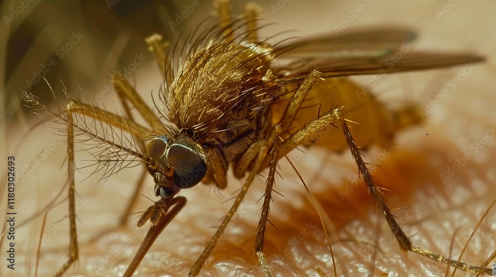 Fototapeta premium Aedes aegypti mosquito on human skin risks of zika, dengue, chikungunya, mayaro, and yellow fever