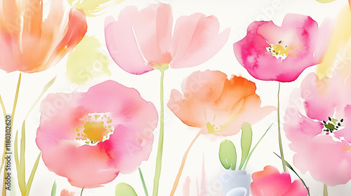 Repeating pattern abstract background with red watercolor anemones and roses. Text space available.