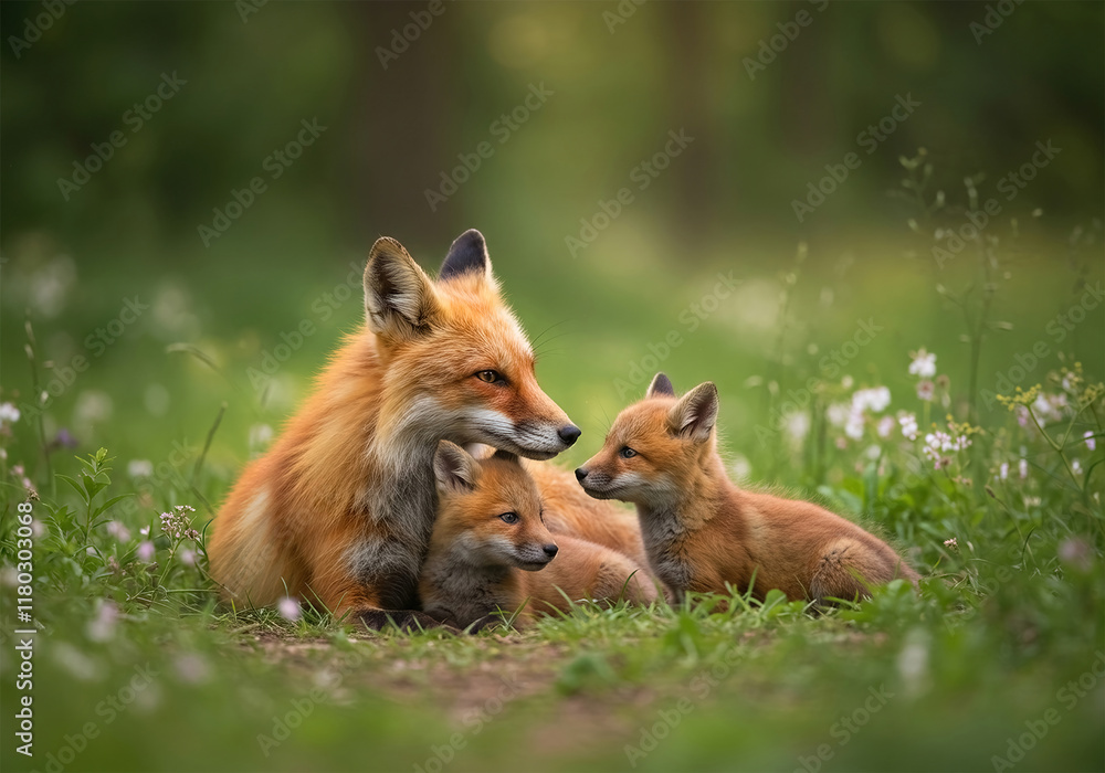 Obraz premium Red fox with cub in natural habitat