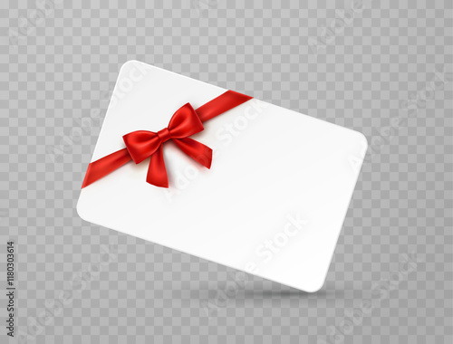 Plastic or paper business card and red bow isolated on transparent background. Vector blank sticker, label, banner template with transparent shadow