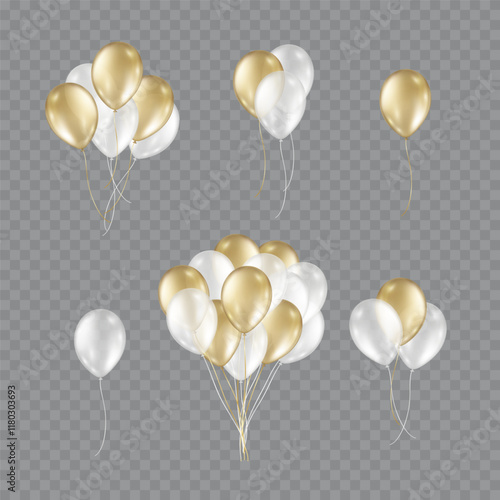Balloon bunch set isolated on transparent background. Vector realistic gold and white festive 3d helium ballons templates for anniversary, birthday party design