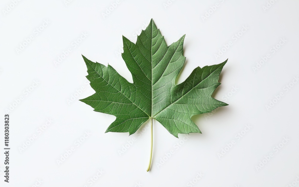 A single green leaf on a clean white background, with subtle shadows for depth. A single green leaf on a clean white background, with subtle shadows for depth.