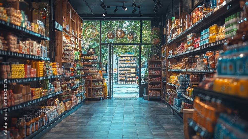 Fototapeta premium Grocery store aisle with shelves of products