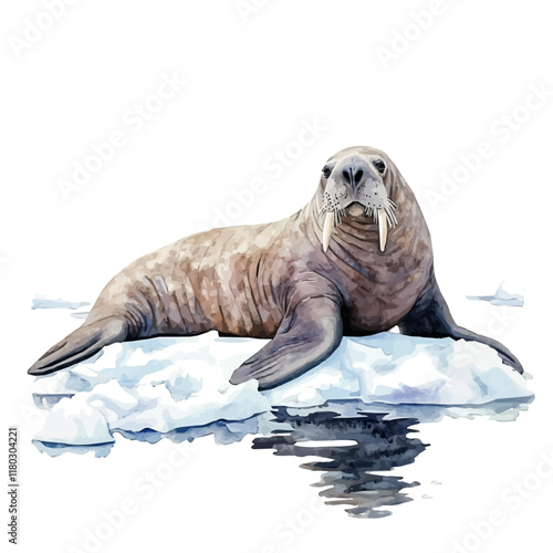 A watercolor illustration of a walrus basking on ice, isolated on a white background. Animal vector.
