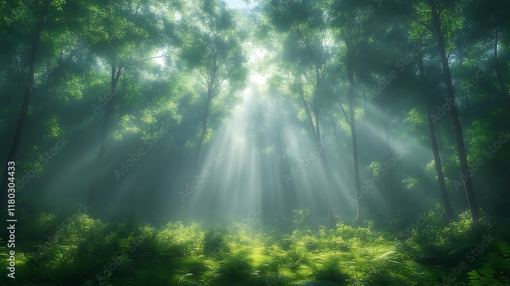 Sunbeams pierce misty green forest. Sunbeams pierce misty green forest.