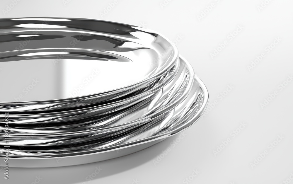 A stack of silver metallic plates with shiny reflective surfaces on a bright white backdrop A stack of silver metallic plates with shiny reflective surfaces on a bright white backdrop
