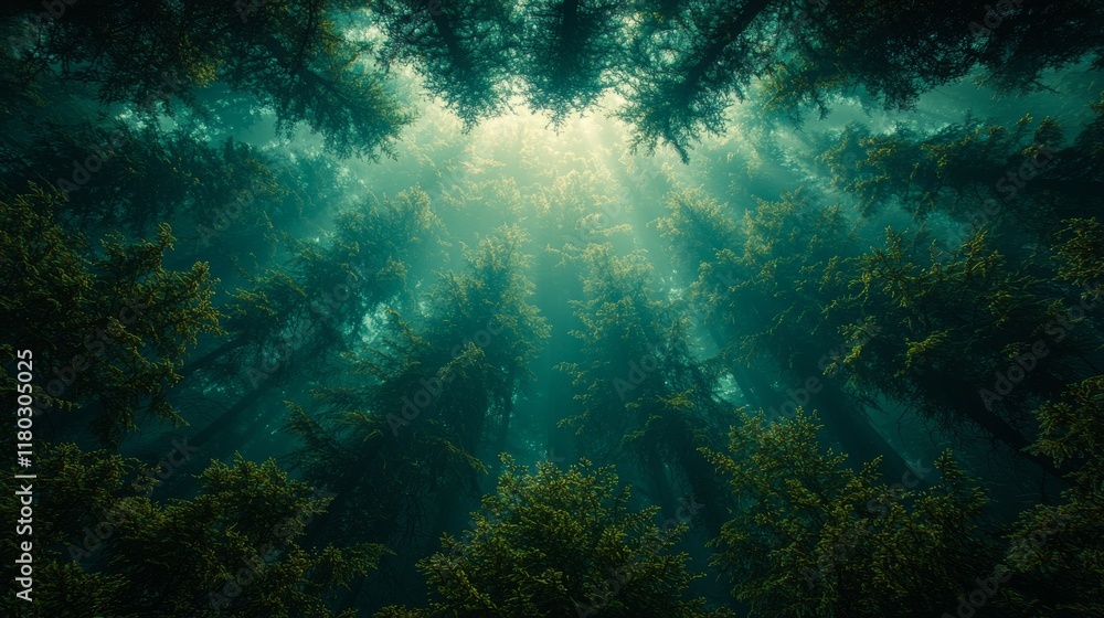 Fototapeta premium Mystical forest canopy with sunlight rays