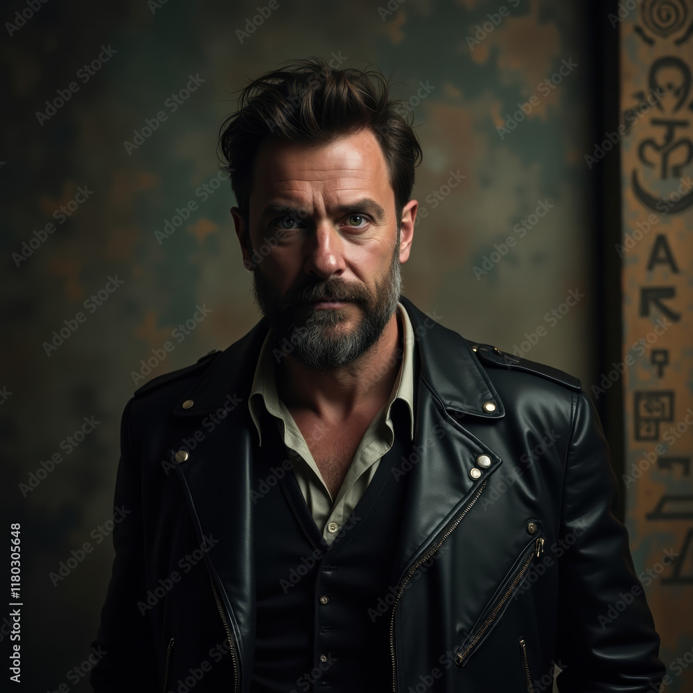Obraz premium a mysterious man with an aged, worn face, adorned with a trimmed beard and piercing green eyes that seem to hold secrets