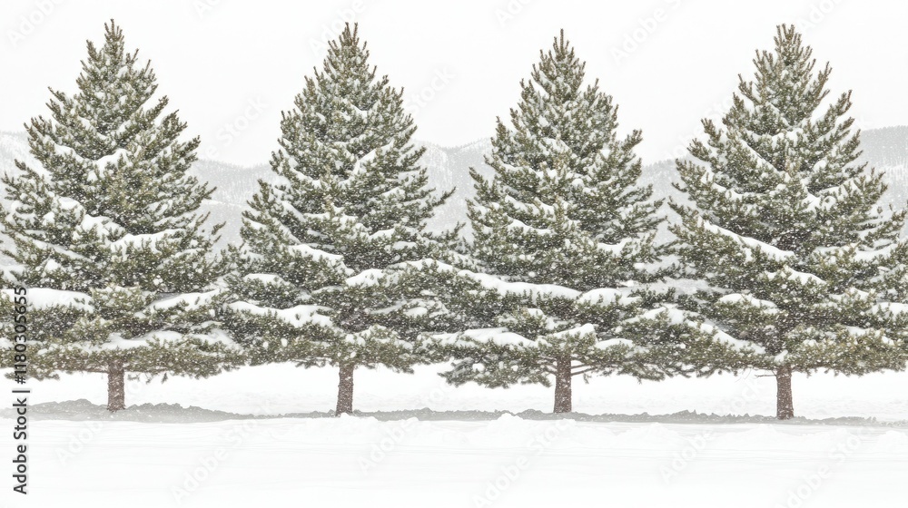 Snowy pines in a row against a mountain range. Possible use as a nature background. Snowy pines in a row against a mountain range. Possible use as a nature background.