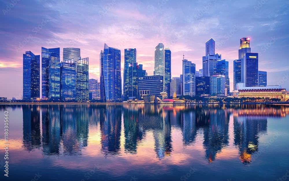 Obraz premium A vibrant city skyline at dusk with reflections in a calm river, showcasing modern architecture