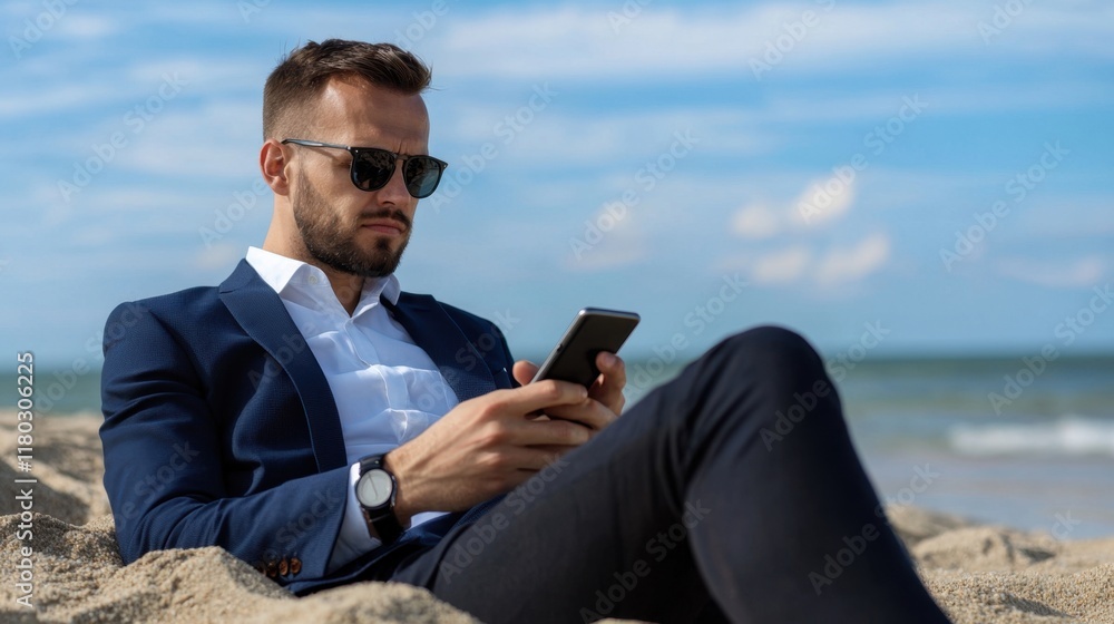 A man in a suit is sitting on the beach and looking at his phone A man in a suit is sitting on the beach and looking at his phone