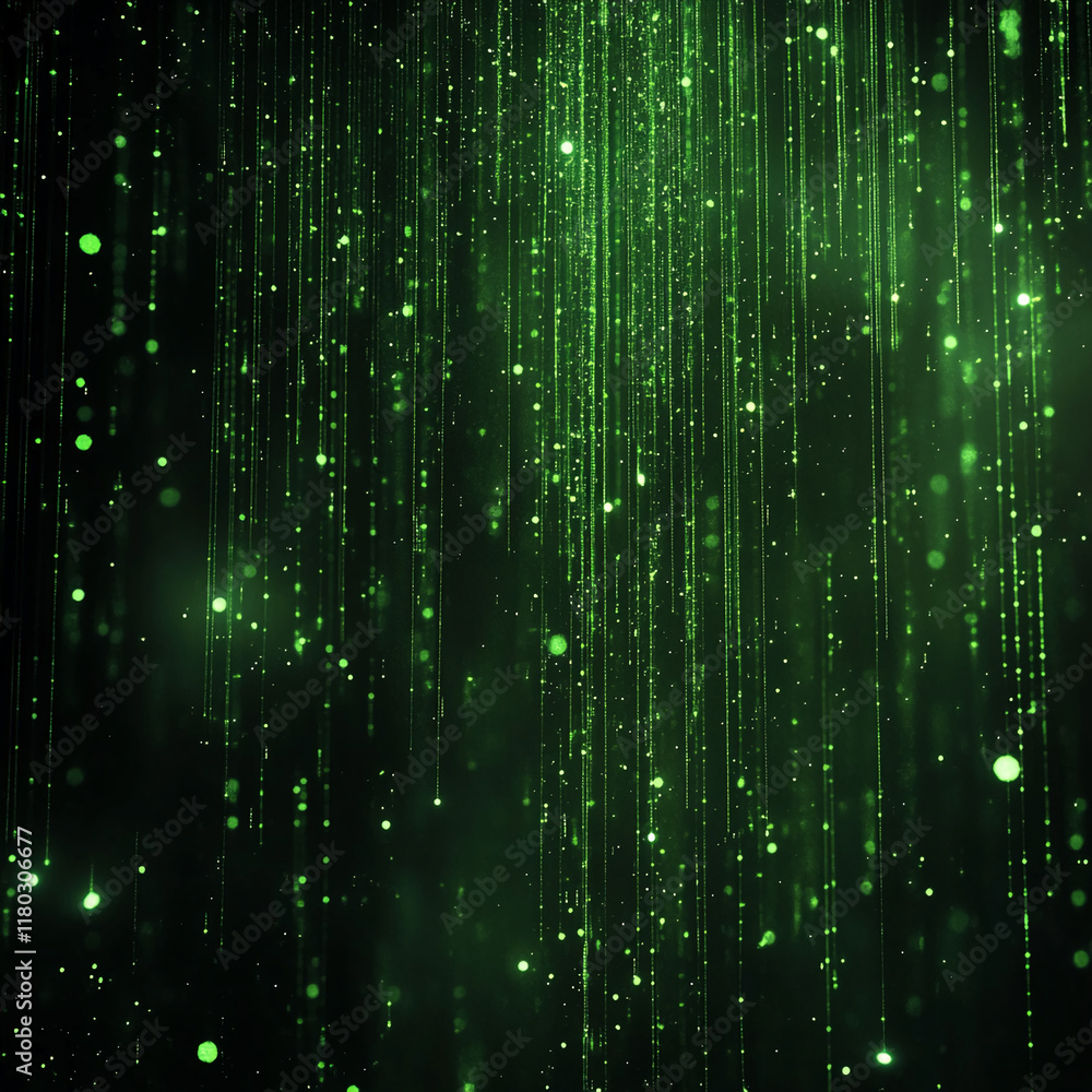 Glowing green light particles and vertical streaks on dark background Glowing green light particles and vertical streaks on dark background