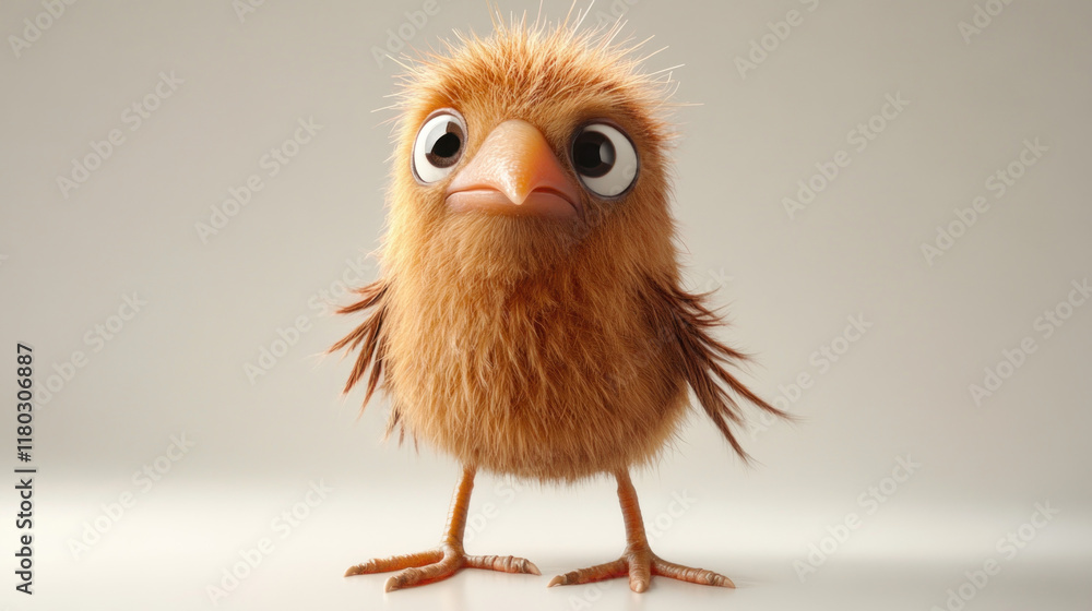 Obraz premium Cute fluffy brown baby bird chick cartoon character.