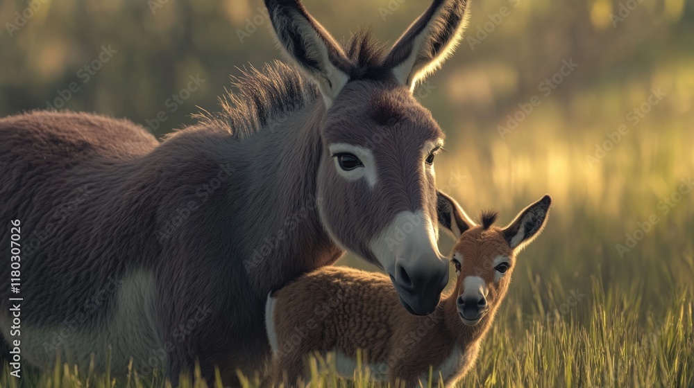 A donkey and a deer grazing together in a green meadow A donkey and a deer grazing together in a green meadow