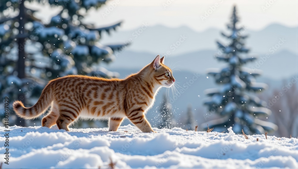 Obraz premium Ginger tabby cat walking on snow in winter wonderland