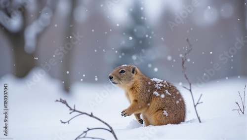 Richardson ground squirrel enjoying falling snow in winter wonderland photo