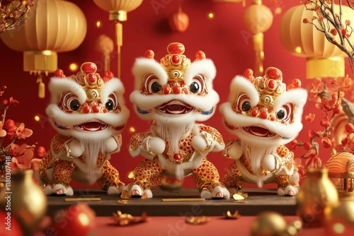 Three lion dancers on floor, in red room, with lanterns, for holiday photo