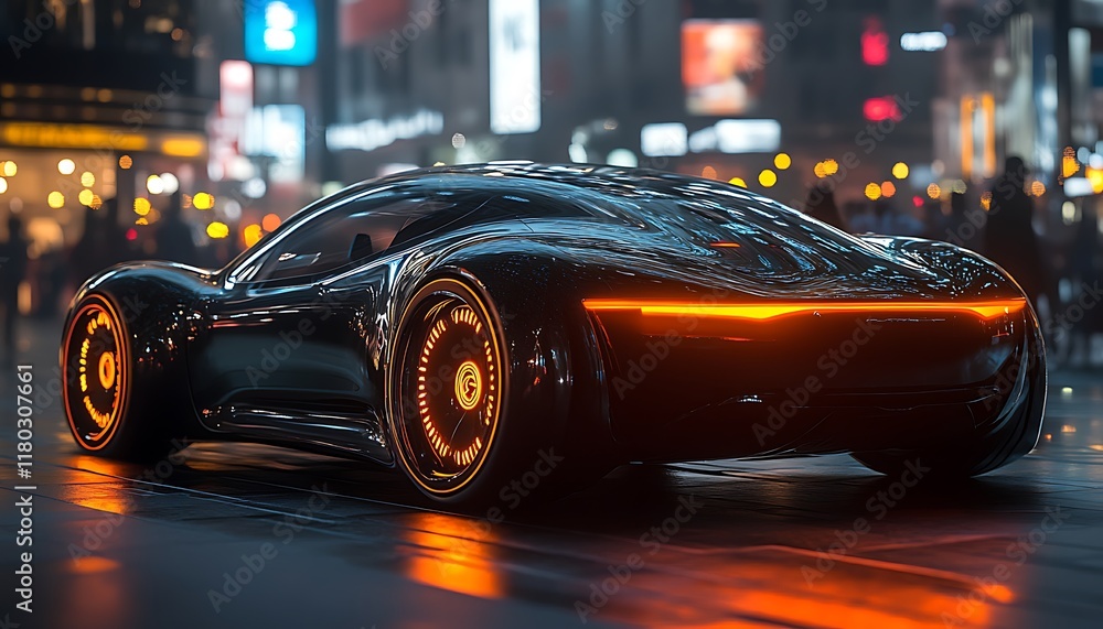 A futuristic black sports car with glowing accents in a vibrant urban setting. A futuristic black sports car with glowing accents in a vibrant urban setting.