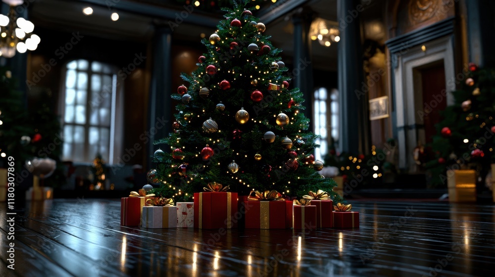 A Christmas tree with many ornaments and a large number of presents under it A Christmas tree with many ornaments and a large number of presents under it