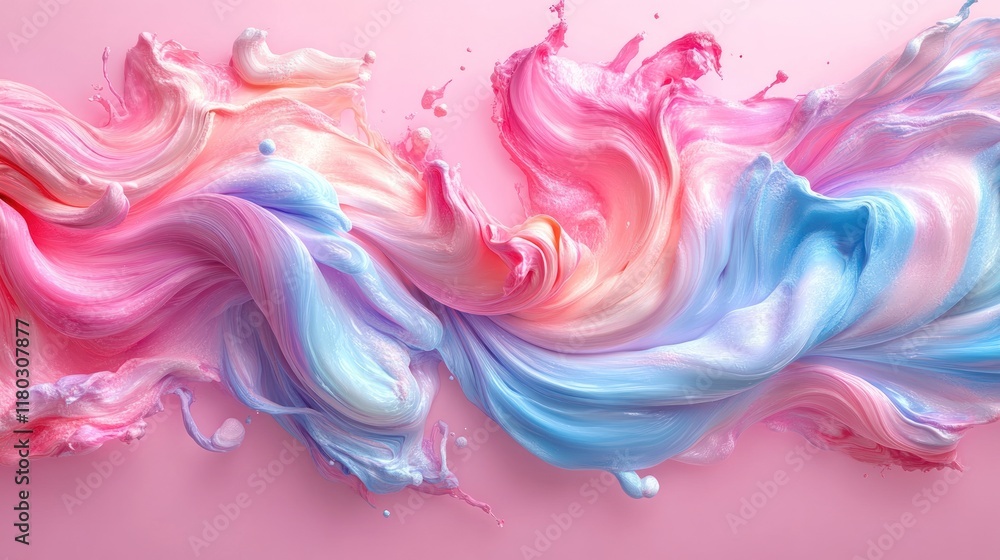 Fototapeta premium Swirling pink and blue paint flowing on a pink background.