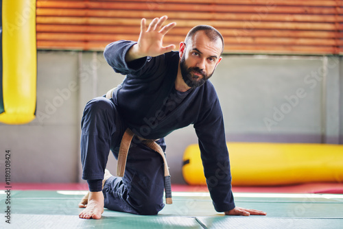 Tablou pe pânză Bearded martial arts instructor demonstrating a defensive stance while kneeling