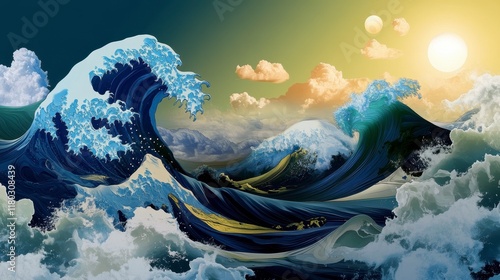 Wallpaper Mural Deep Blue and Light Green Abstract Ocean Waves, intricate patterns evoke the essence of the sea, fluid motion captures tranquility and depth Torontodigital.ca