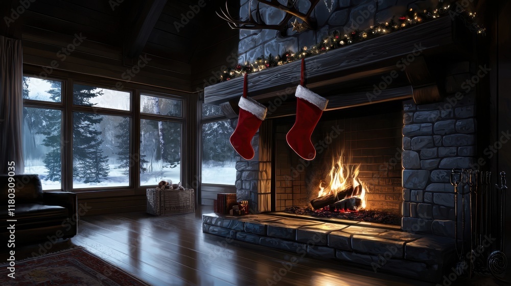 A fireplace with two red stockings hanging from it A fireplace with two red stockings hanging from it