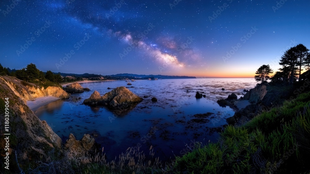 Fototapeta premium A beautiful night sky with a large body of water in the background