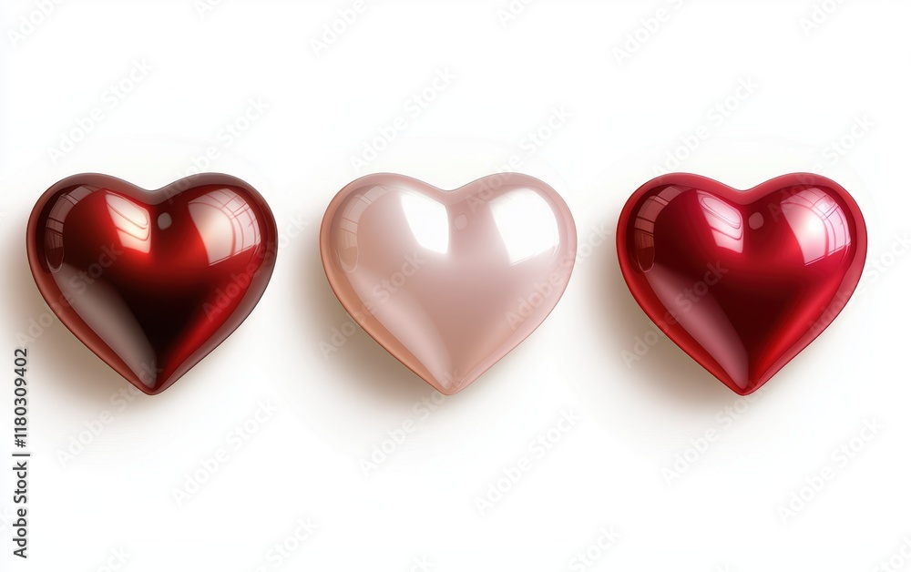 A bright white background with three-dimensional floating hearts in various shades of red and pink for Saint Valentines Day A bright white background with three-dimensional floating hearts in various shades of red and pink for Saint Valentines Day