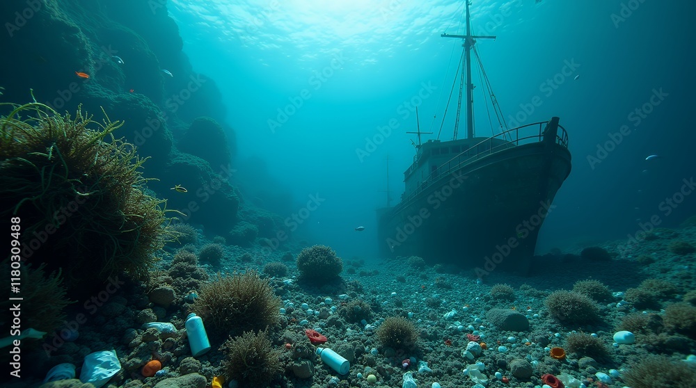Fototapeta premium Sunken Shipwreck in a Polluted Ocean