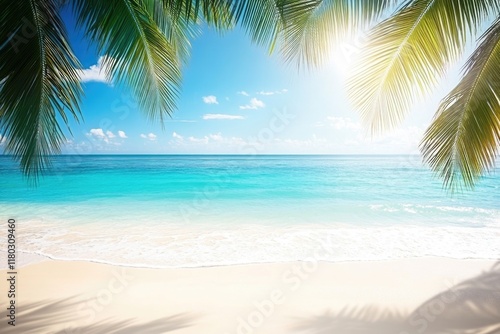 Beach scene with palm trees in the foreground, suitable for travel or leisure images