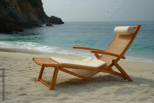 A simple beach chair sits atop a sandy beach, perfect for relaxation and soaking up the sun photo