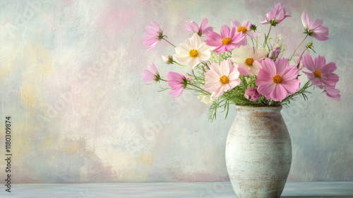 Wallpaper Mural Delicate pink and white cosmos flowers in a rustic vase against a textured pastel background. Torontodigital.ca