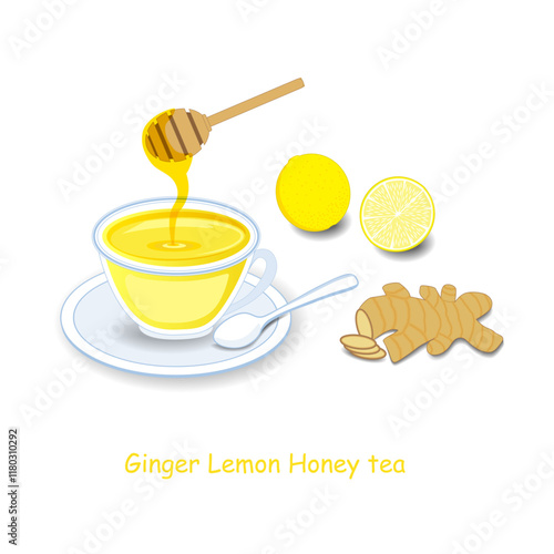 Ginger lemon honey tea served in cup and saucer. EPS 10 file contains blends, gradients and transparency. 