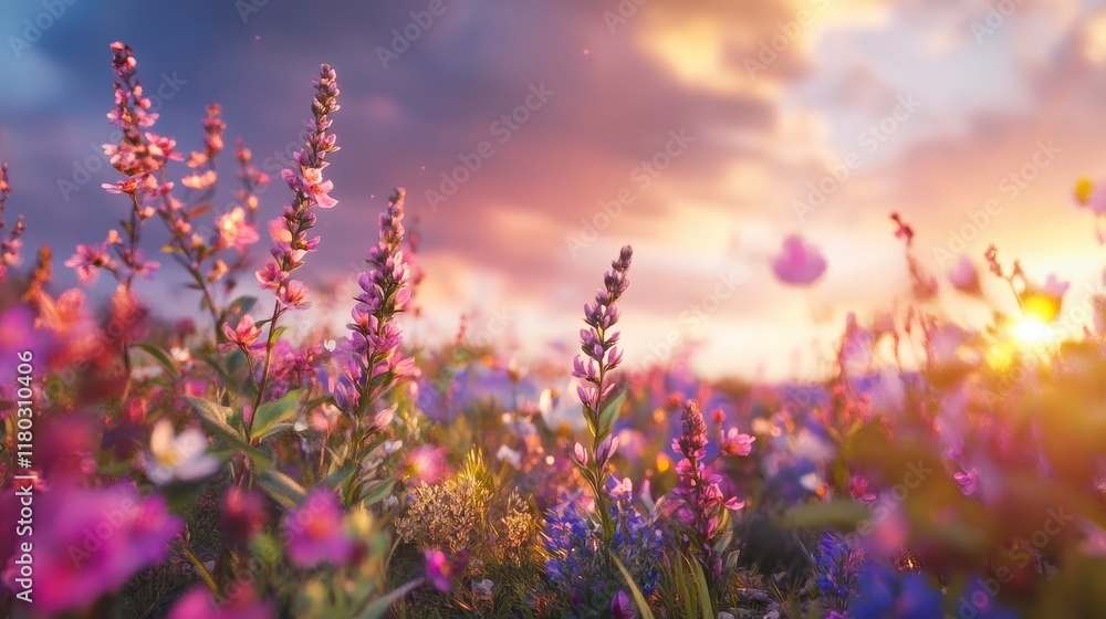 Naklejka premium Lavender field at sunset with blooming flowers in purple, violet, and pink hues