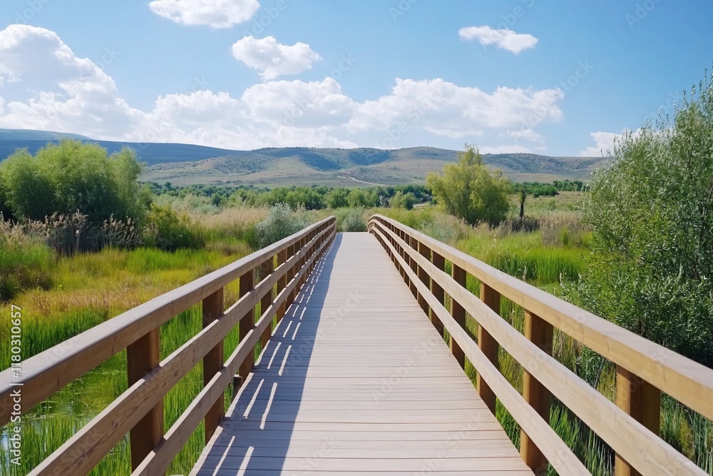 Wooden boardwalk path, nature reserve, mountains, sunny day, travel Wooden boardwalk path, nature reserve, mountains, sunny day, travel