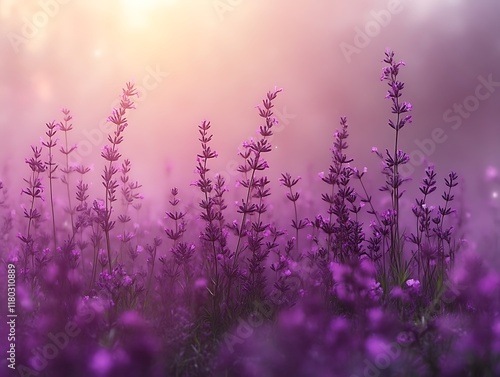 Misty lavender field at sunrise.