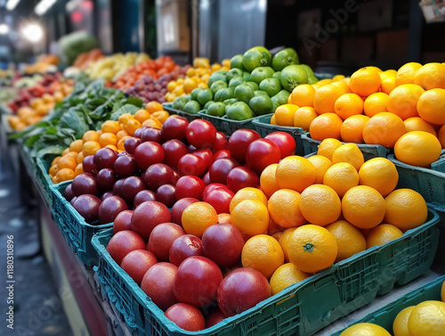 Explore a Colorful Array of Fresh Fruits and Vegetables at the Market Stand: A Celebration of Seasonal Bounty and Healthy Eating photo