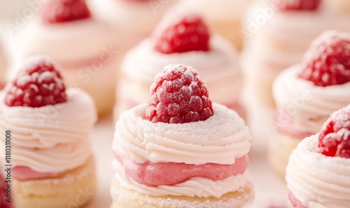 Korean pink cakes made of snow and raspberries. Cloud-shaped cakes with raspberry-flavored berries.