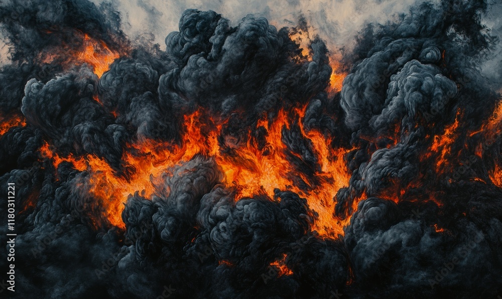 Dark, intense clouds of smoke and flames over fiery destruction Dark, intense clouds of smoke and flames over fiery destruction