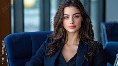 A woman in a blue suit sits in a chair Free Download A woman in a blue suit sits in a chair - GFXLoad