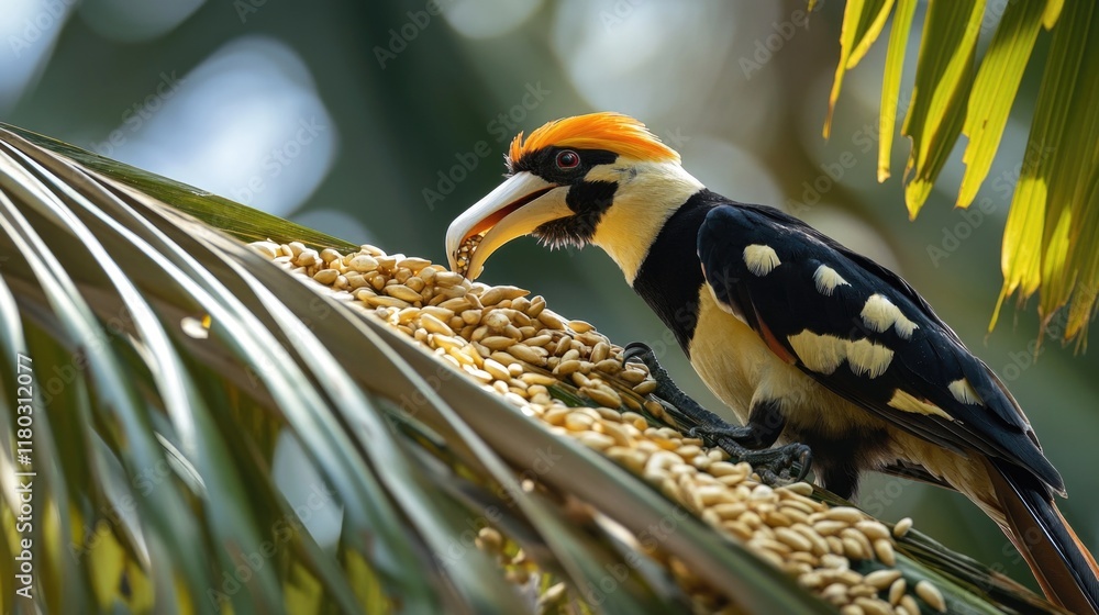 A colorful bird eats seeds from a palm tree branch, in a natural setting A colorful bird eats seeds from a palm tree branch, in a natural setting