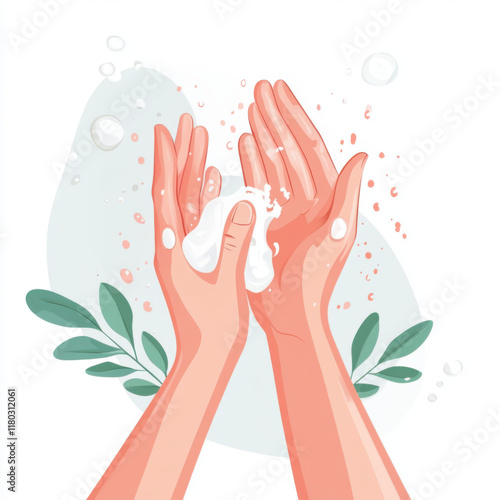 Female hands washing with soap. Wellness concept; minimalism. Modern vector illustration. White background.