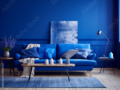 Color drenched cobalt blue living room with blue walls, blue couch and large artwork on the wall. Modern bright living room. Statement living room interior.