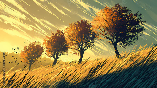Breezy morning, windbreak trees sway. Meadowfall. Illustration